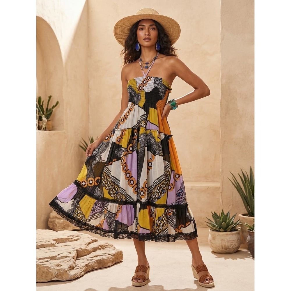 Boho Patchwork Smocked Midi Dress Halter Tiered Paisley Lace Trim Yellow Purple